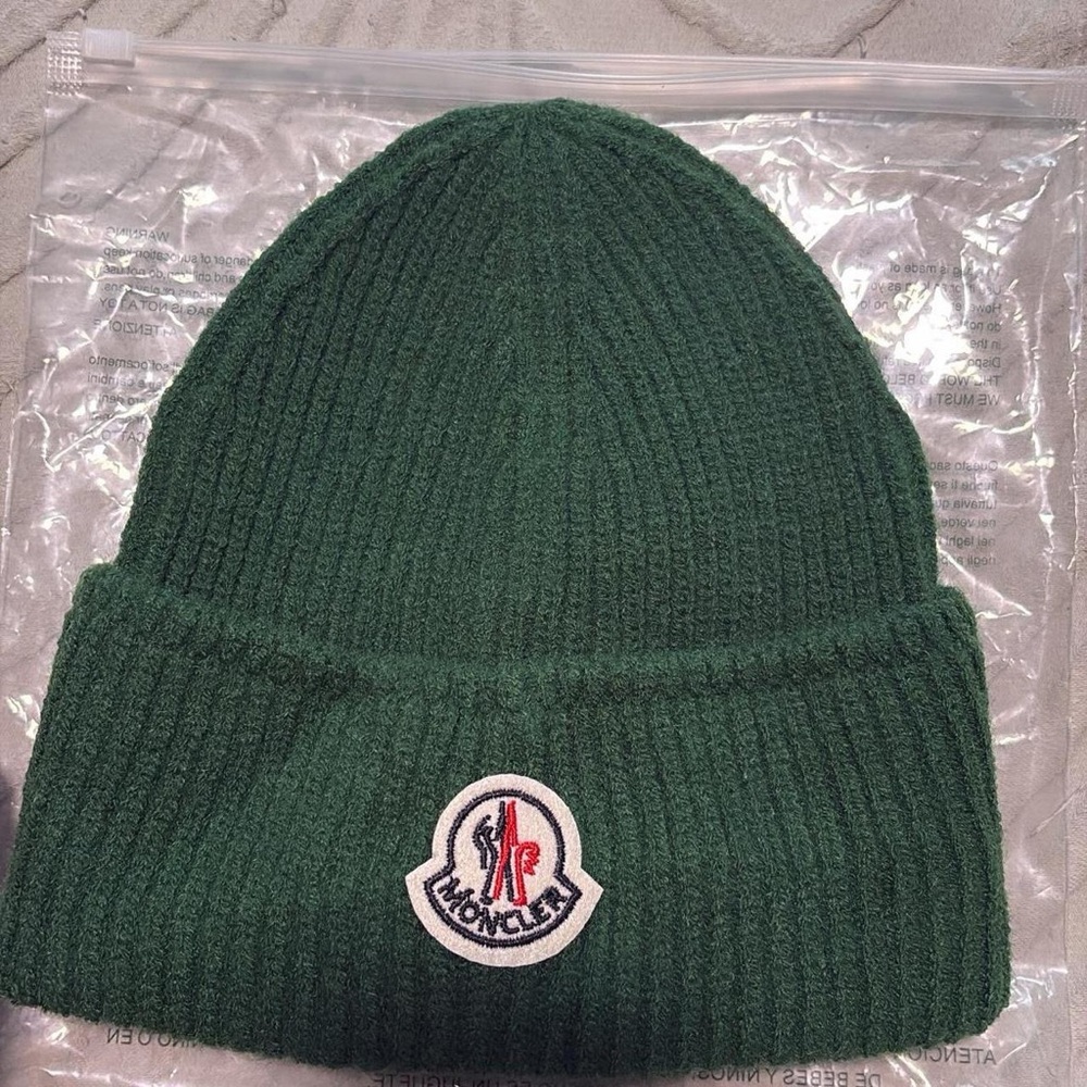 Moncler Dark Green Ribbed Wool Beanie with Logo Patch